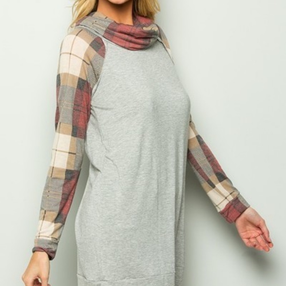 Cowl neck plaid/grey block color long sleeve top - Picture 6 of 7